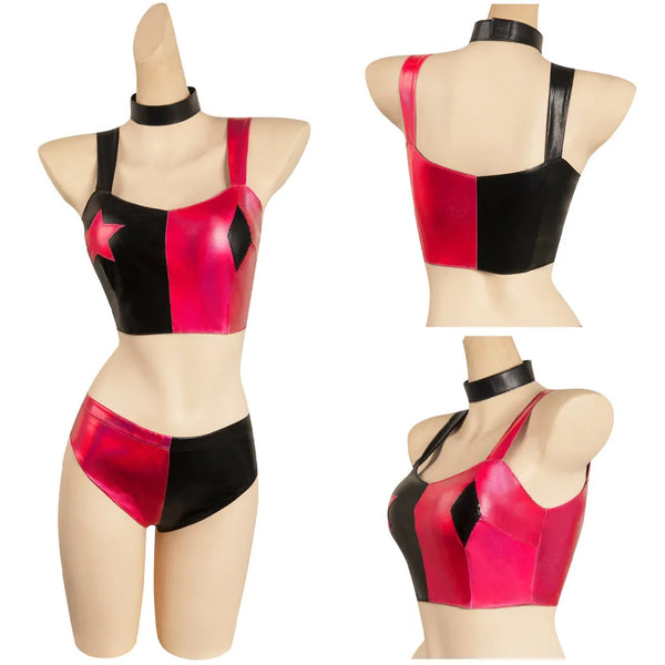 Quinzel Cosplay Costume Outfits Women Girls Bikini Top Shorts Neckband Swimsuit Outfits Halloween Carnival Party Suit