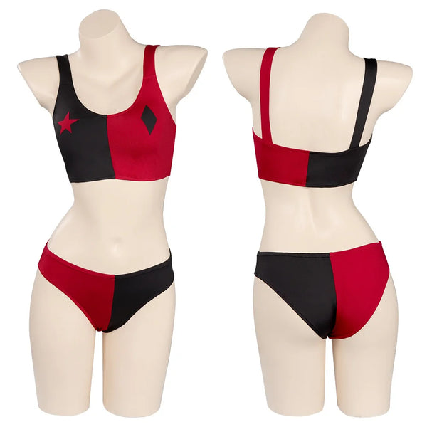 Quinzel Cosplay Costume Outfits Women Girls Bikini Top Shorts Neckband Swimsuit Outfits Halloween Carnival Party Suit