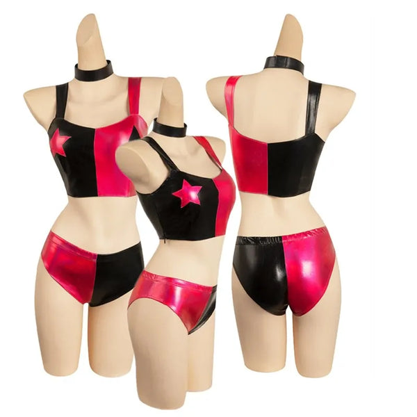 Quinzel Cosplay Costume Outfits Women Girls Bikini Top Shorts Neckband Swimsuit Outfits Halloween Carnival Party Suit