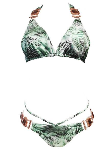 Hot Bikini Rosa Halter Top & Strappy Skimpy Bottom - Tiger Ocelot
