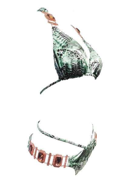 Hot Bikini Rosa Halter Top & Strappy Skimpy Bottom - Tiger Ocelot