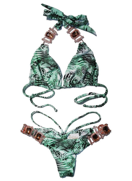 Hot Bikini Rosa Halter Top & Strappy Skimpy Bottom - Tiger Ocelot