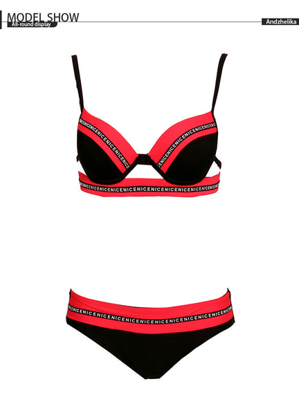 Andzhelika Women New Swimsuit Sexy Letter Bandage Patchwork Swimwear Push Up Bikini Set Brazilian Bathing Suit Monokini