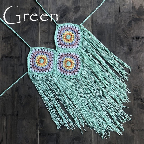 Women Tassel Crochet Knitted Halter Slim Bikini Top Swimsuit Tops Bohemia Swimwear Sexy Handmade Crochet Bikini Cotton Cover Top