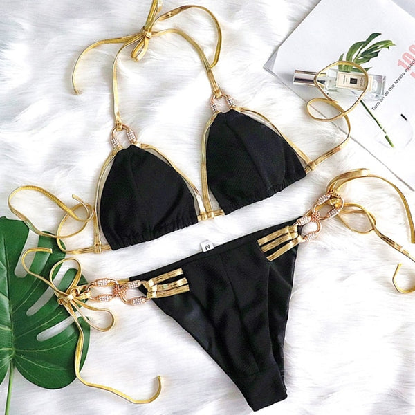 Sexy brazilian bikini set Rhinestone swimsuit female Halter string bikini Push up swimwear women Crystal shiny bathing suit