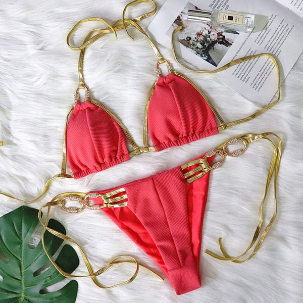 Sexy brazilian bikini set Rhinestone swimsuit female Halter string bikini Push up swimwear women Crystal shiny bathing suit
