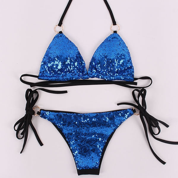 Andzhelika  Sequins Bikini Set Halter Metal Swimsuit Solid Swimwear Sexy Bathing Suit Beach Wear Monokini Female Women Suits