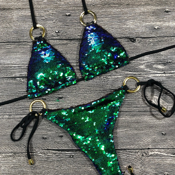 Solid Bikini Sexy Swimsuit Swimwear Bathing Suit Women Bling Sequin Bikini Set Scrunchy Butt Glitter Hot