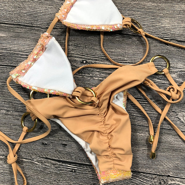 Solid Bikini Sexy Swimsuit Swimwear Bathing Suit Women Bling Sequin Bikini Set Scrunchy Butt Glitter Hot