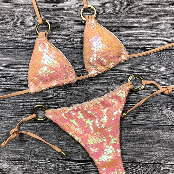 Solid Bikini Sexy Swimsuit Swimwear Bathing Suit Women Bling Sequin Bikini Set Scrunchy Butt Glitter Hot
