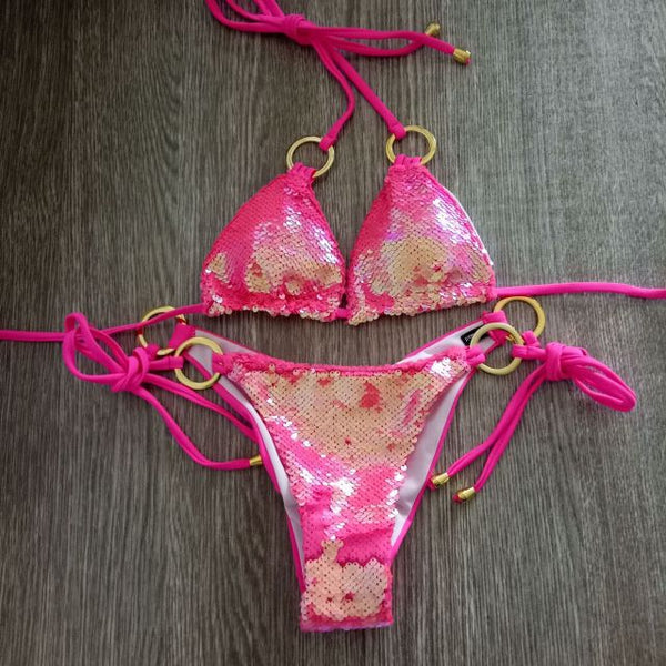 Solid Bikini Sexy Swimsuit Swimwear Bathing Suit Women Bling Sequin Bikini Set Scrunchy Butt Glitter Hot