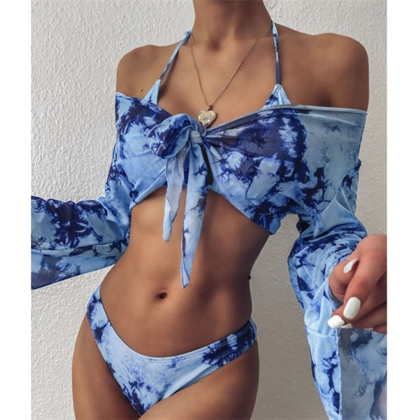 GNIM Long Sleeve Swimwear Women Bandage Bikini Mujer Summer Sexy Print Brazilian Swimsuit Female Three Pieces Biquini Set