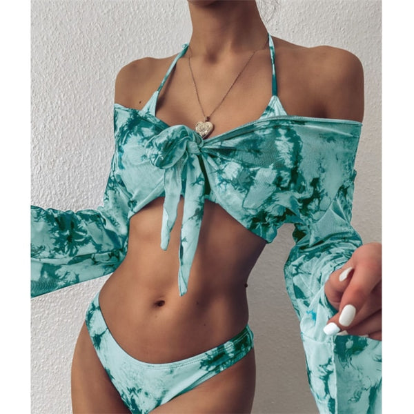 GNIM Long Sleeve Swimwear Women Bandage Bikini Mujer Summer Sexy Print Brazilian Swimsuit Female Three Pieces Biquini Set