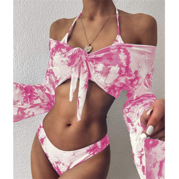 GNIM Long Sleeve Swimwear Women Bandage Bikini Mujer Summer Sexy Print Brazilian Swimsuit Female Three Pieces Biquini Set
