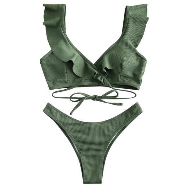 Women Bikini Set Ruffled Bandage Cross Padded Halter Swimwear  Bikini 2022 bathing suit women Swimsuit Beachwear