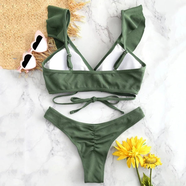 Women Bikini Set Ruffled Bandage Cross Padded Halter Swimwear  Bikini 2022 bathing suit women Swimsuit Beachwear