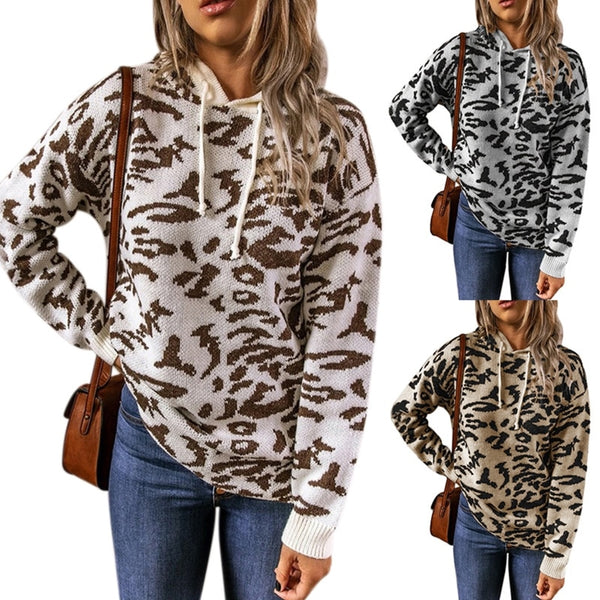 Womens Knitted Leopard Animal Printed Drawstring  Sweaters