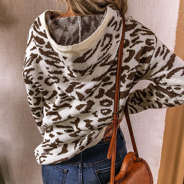 Womens Knitted Leopard Animal Printed Drawstring  Sweaters