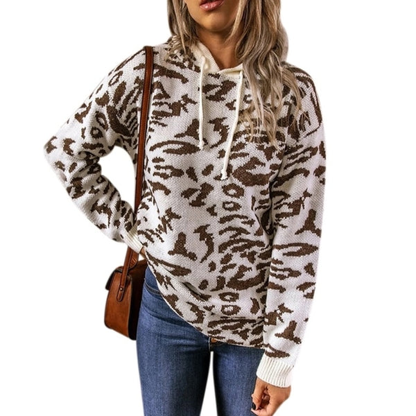 Womens Knitted Leopard Animal Printed Drawstring  Sweaters