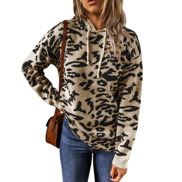 Womens Knitted Leopard Animal Printed Drawstring  Sweaters