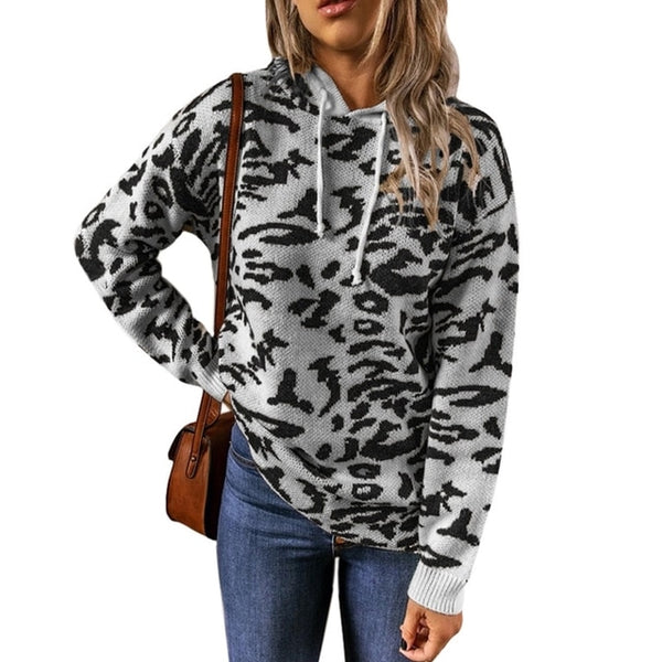 Womens Knitted Leopard Animal Printed Drawstring  Sweaters