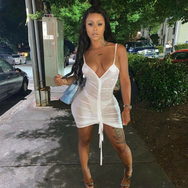 Sexy Women Mesh Fishnet See-through Perspective Draped Drawstring Backless Bikini Cover Up Swimwear Beach Short Mini Dress