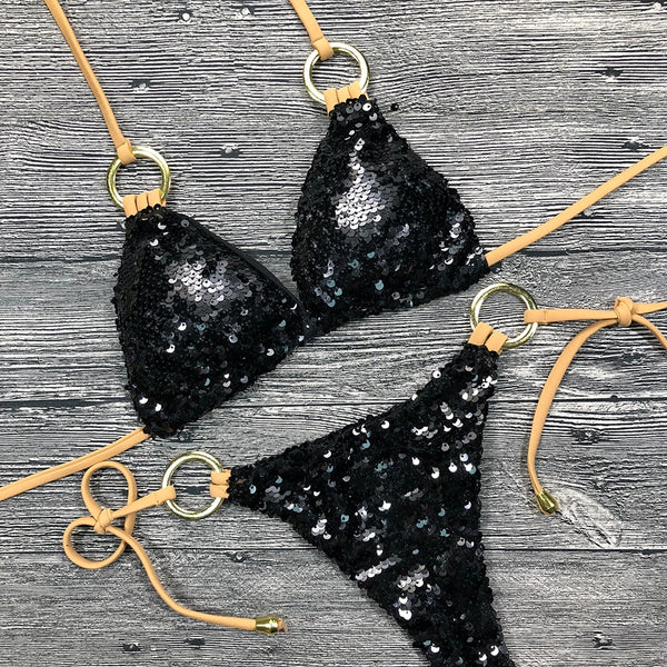 Solid Bikini Sexy Swimsuit Swimwear Bathing Suit Women Bling Sequin Bikini Set Scrunchy Butt Glitter Hot