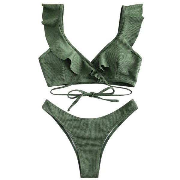 Women Bikini Set Ruffled Bandage Cross Padded Halter Swimwear  Bikini 2022 bathing suit women Swimsuit Beachwear