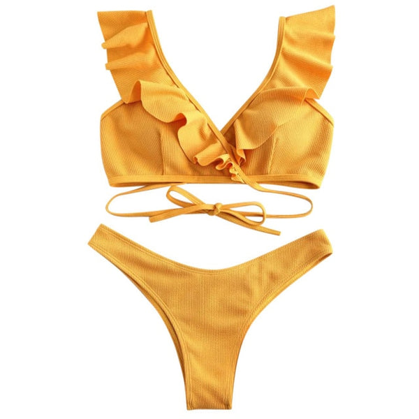 Women Bikini Set Ruffled Bandage Cross Padded Halter Swimwear  Bikini 2022 bathing suit women Swimsuit Beachwear