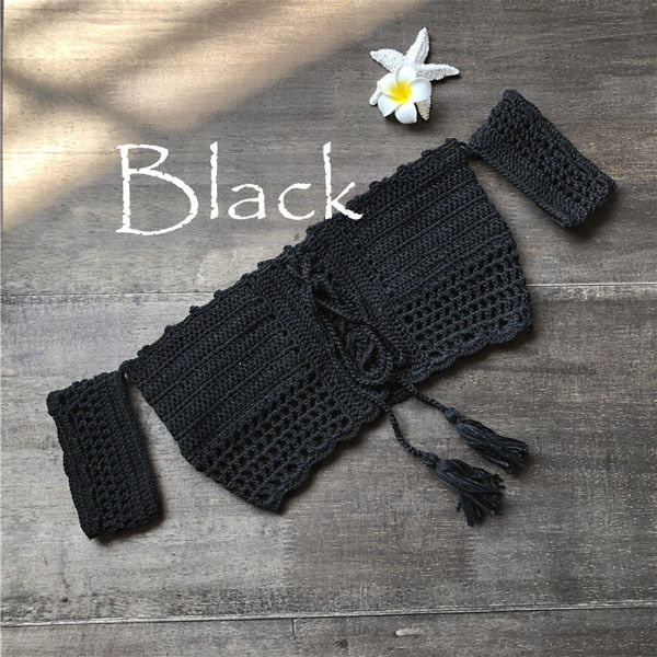 Women Bikini Top Bandage Hollow-out Tassel Swimsuit With Sleeves Summer Crochet Lace Top Swimwear
