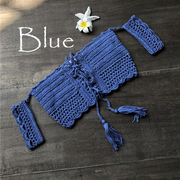 Women Bikini Top Bandage Hollow-out Tassel Swimsuit With Sleeves Summer Crochet Lace Top Swimwear