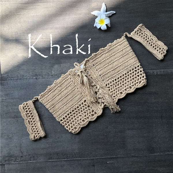 Women Bikini Top Bandage Hollow-out Tassel Swimsuit With Sleeves Summer Crochet Lace Top Swimwear