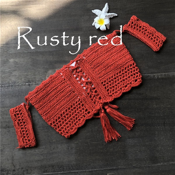Women Bikini Top Bandage Hollow-out Tassel Swimsuit With Sleeves Summer Crochet Lace Top Swimwear