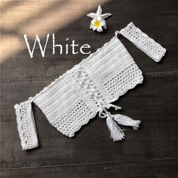 Women Bikini Top Bandage Hollow-out Tassel Swimsuit With Sleeves Summer Crochet Lace Top Swimwear