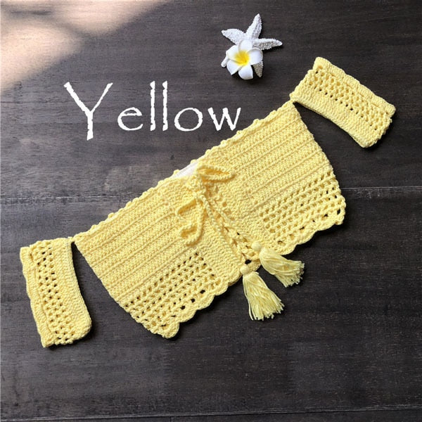 Women Bikini Top Bandage Hollow-out Tassel Swimsuit With Sleeves Summer Crochet Lace Top Swimwear
