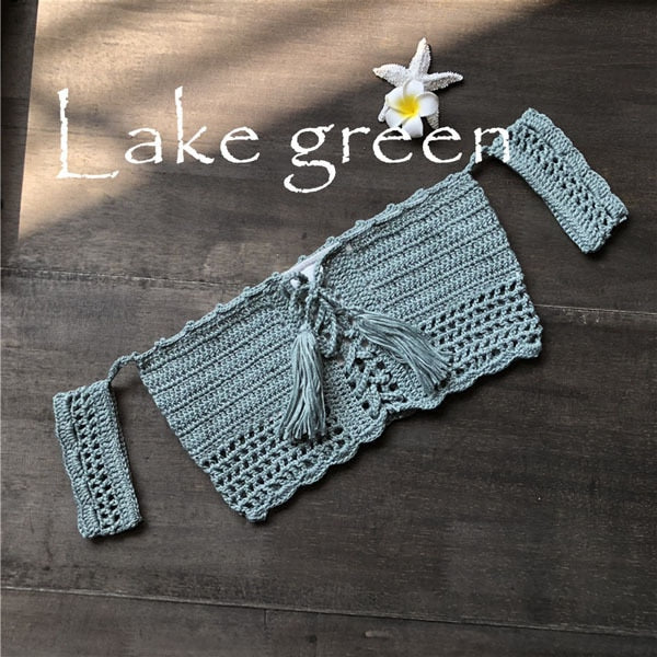 Women Bikini Top Bandage Hollow-out Tassel Swimsuit With Sleeves Summer Crochet Lace Top Swimwear