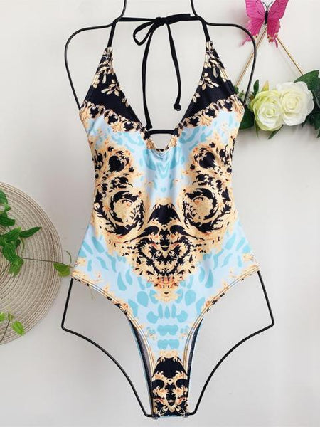 New Sexy  1 Piece Swimsuit Women Flower Print Bathing Suits Vintage Swimwear Summer Bandage Beach Wear Swim Suit Plus Size S-XL