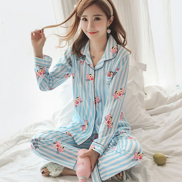 Women's Pajamas New Autumn Spring Long Sleeve Sleepwear Set Striped cartoon pyjama Woman Home Nightwear Set Cardigan Plus Size