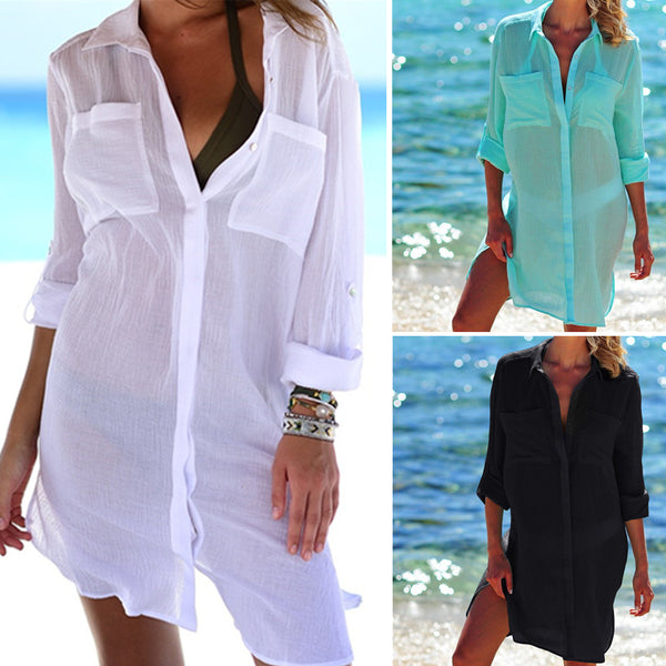 Women Bikini Cover Up Summer Solid Color Long Sleeve Shirt Dress Beach Bathing Suit Swimming Swimwear