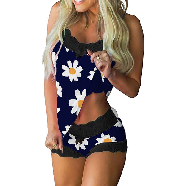 Flower Print Pajamas Women Sleeveless Lace Cami Short Lingerie Sleepwear Set Fashion Sexy Home Ladies Underwear Pajamas Set