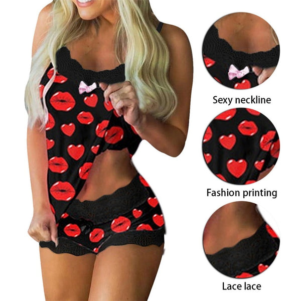 Flower Print Pajamas Women Sleeveless Lace Cami Short Lingerie Sleepwear Set Fashion Sexy Home Ladies Underwear Pajamas Set