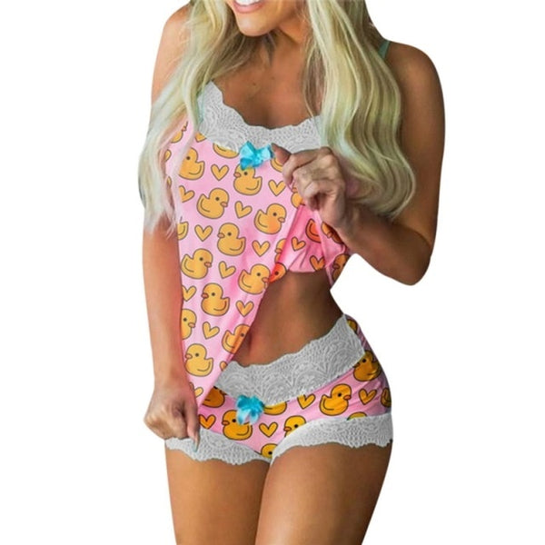 Flower Print Pajamas Women Sleeveless Lace Cami Short Lingerie Sleepwear Set Fashion Sexy Home Ladies Underwear Pajamas Set