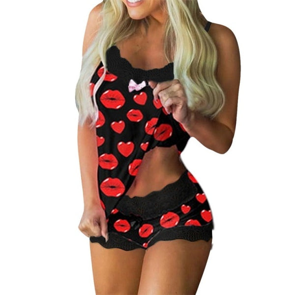 Flower Print Pajamas Women Sleeveless Lace Cami Short Lingerie Sleepwear Set Fashion Sexy Home Ladies Underwear Pajamas Set