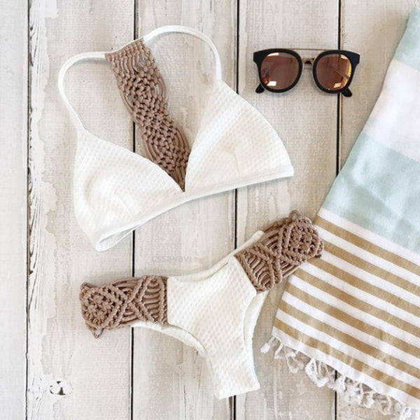 Women Bikini Sets Hot Knitted Summer Khaki Halter Swimwear Push-up Low Waist Bra Bathing Suit Swimsuit Hollow Out Beachwear