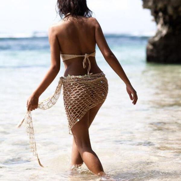 Summer Sexy Women Sequin Hollow Out Fishnet Crochet Mesh Bikini Cover Up Swimwear Bathing Beach Dress