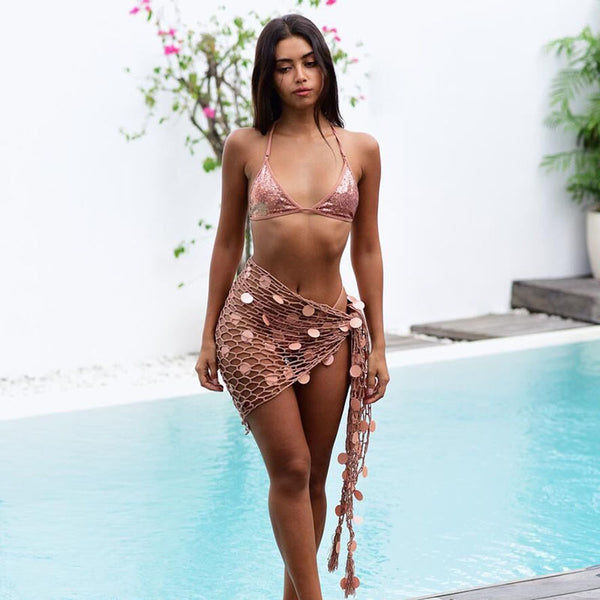 Summer Sexy Women Sequin Hollow Out Fishnet Crochet Mesh Bikini Cover Up Swimwear Bathing Beach Dress