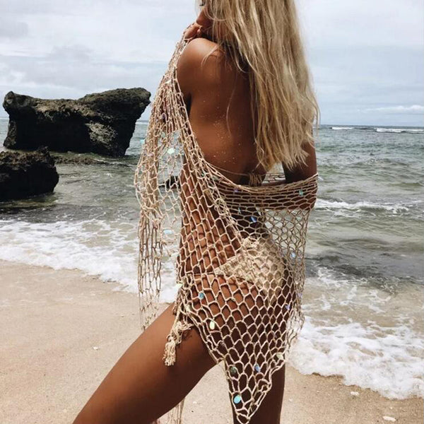 Summer Sexy Women Sequin Hollow Out Fishnet Crochet Mesh Bikini Cover Up Swimwear Bathing Beach Dress