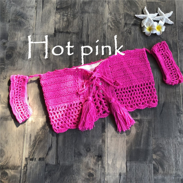 Women Bikini Top Bandage Hollow-out Tassel Swimsuit With Sleeves Summer Crochet Lace Top Swimwear