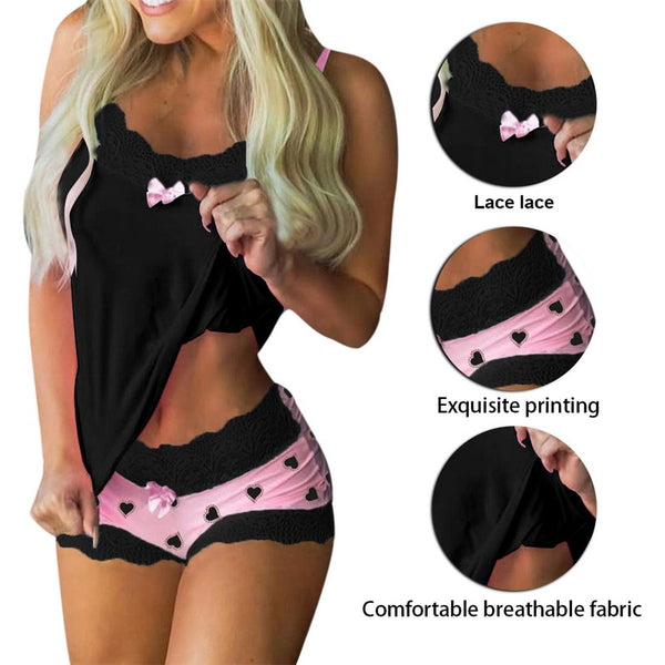 Super Comfy Women's Silk Pajamas Pajama Set 2 Piece Lace Underwear Summer Pajama Shorts Breve Sexy Sleepwear Bowknot Outfit Ladies