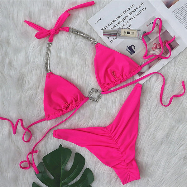 2021 Sexy diamond halter push up bikini set Triangle micro swimsuit women High cut swimwear String bathing suit Hollow beachwear